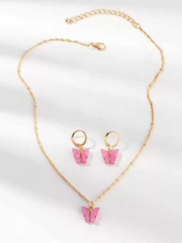 Pink Butterfly Pendant With Earrings